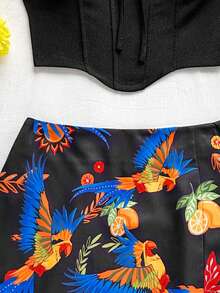Soleia Damen einfarbiges Crop Top mit Bindedetail und Mini Rock mit Papageienmuster, für Urlaub, Musikfestival, Strand - Verschiedenfarbig - Übersicht 6