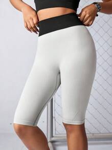 SHEIN Sports 女式极简拼色弹力高腰收腹 3/4 长度紧身裤、瑜伽/运动打底裤、女式骑行短裤、女式自行车短裤、氨纶女式运动短裤、短裤、紧身裤、女式短款紧身裤、返校、女式秋季紧身短裤、七分裤、卡普里紧身裤、休闲舒适透气短裤、骑行紧身裤、时尚单品、长度随意剪裁、返校服装、毕业典礼、返校、拳击、舞蹈跑步训练健身瑜伽健身房运动服紧身版型 - 白色 - 查看 1