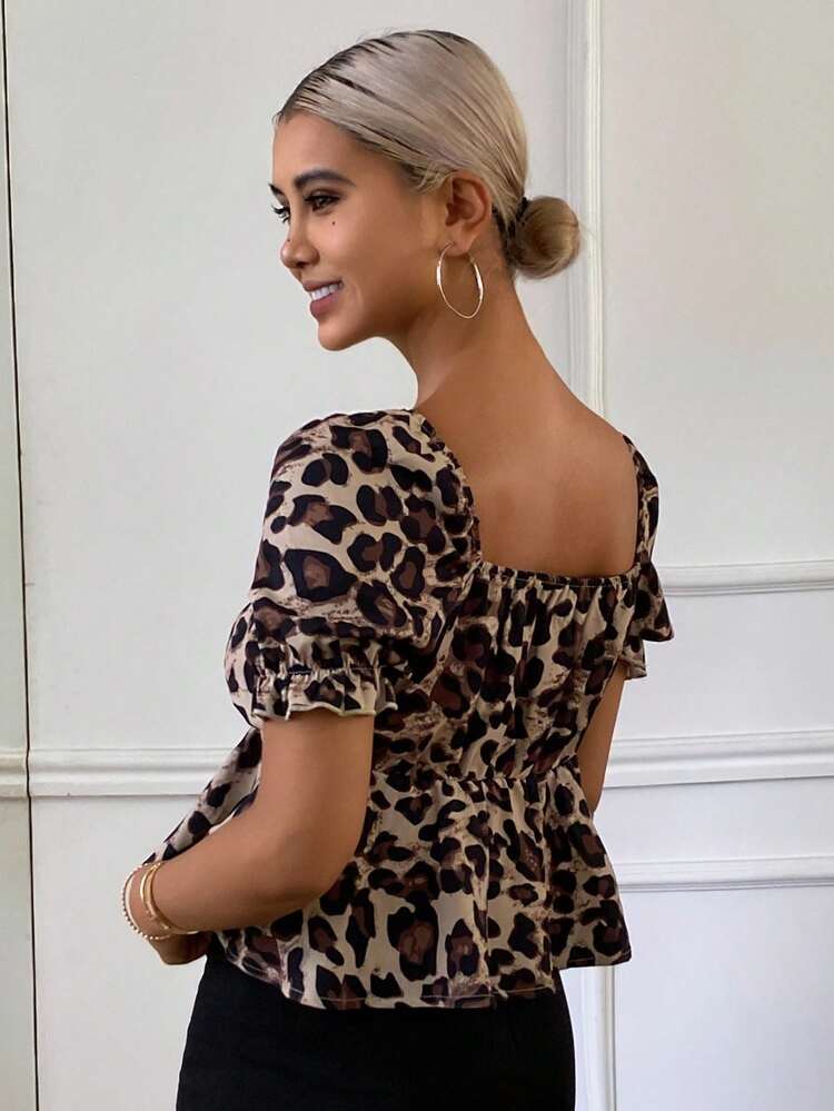 Women Leopard Print Tie Front Casual T-Shirt, For Spring/Summer Vacation