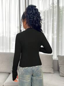 SHEIN Tween Girl Black Casual Fashionable Ribbed Solid Color Stand Collar Zip-Up Long Sleeve Fitted Jacket,Suitable For School,Back-To-School,Autumn Outfit - Black - View 7