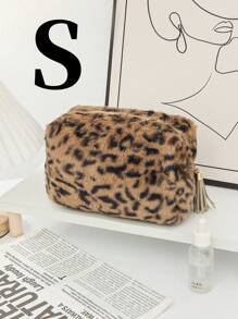 SHEIN 1 szt. Duża pojemność wielofunkcyjna torba podróżna do pielęgnacji, kosmetyczka z nadrukiem w panterkę, przenośna pielęgnacja skóry i przybory toaletowe, pluszowa kosmetyczka z nadrukiem w panterkę, duża pojemność, wysokiej jakości i słodka torba do przechowywania - Kolor khaki - Zobacz 5