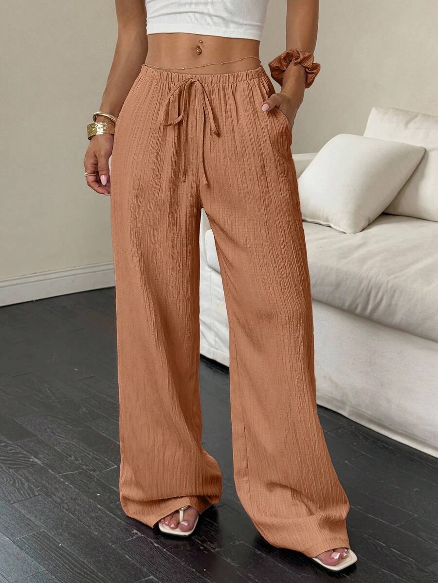 Flirla Women Solid Color Waist Tie Pocket Wide Leg Loose Casual Pants Fall Cloth For Women - Orange - View 1
