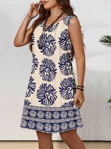 EMERY ROSE 大码女式休闲纯蓝色圆领无袖连衣裙，适合夏季旅行和度假