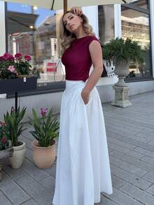 Jeta Ari Women's Ruched High Waist A-Line Elegant Pocketed Skirt - White - View 6