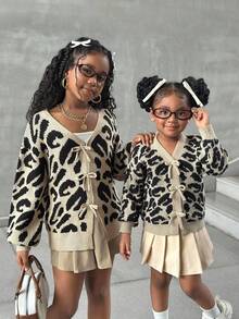 SHEIN Tween Girl Leopard Print Single-Breasted Loose Casual Cardigan Sweater, Autumn/Winter, Sibling Matching Outfits (2 Pieces Sold Separately) Fall - Multicolor - View 6