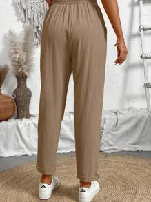 Calvaya Solid Color Elastic Waistband Tapered Pants With Diagonal Pockets And Tie Belt For Casual And Versatile Look,Ladies Spring/Fall Casual Drawstring,Pocket Natural Jogger Cropped Khaki Regular Fit Women Pants,Casual Daily Wear