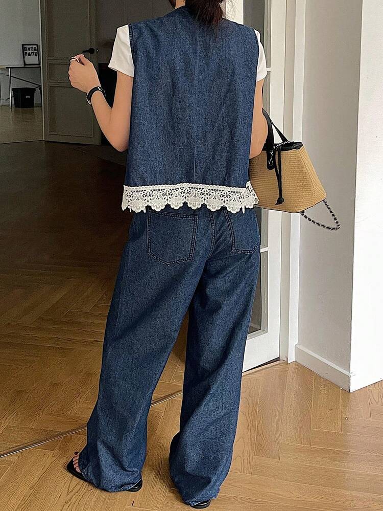 Women's Elegant Lace Patchwork Round Neck Tank Top And Wide Leg Jeans 2-Piece Set