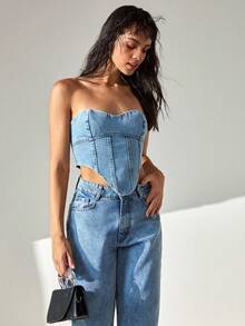 CLARA VERO Woman Back Lace Detailed Strapless Denim Top Denim Two Piece Outfits Denim Tube Top Jean Tube Top Denim Corset Top Jeans Top - Medium Wash - View 6