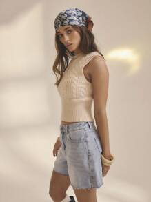 Aralina 女士复古麻花针织短款背心，完美契合 2000 年秋夏乡村女性和机场 - 杏色 - 查看 12