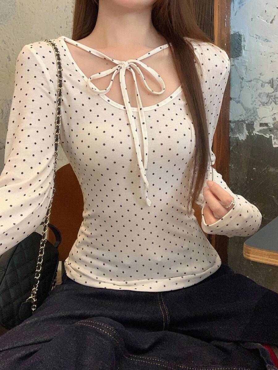 DAZY 女式波尔卡圆点系带修身长袖休闲T恤，百搭时尚 - 白色 - 查看 1