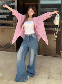 DAZY Women's Sweet & Casual Korean Style Striped Long Sleeve Blouse Fall,Winter - Pink - View 8