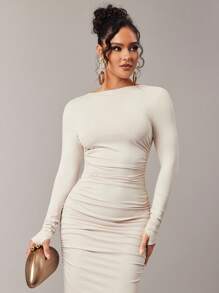 Silquee 女士优雅纯色褶皱长袖连衣裙，简约设计 - 卡其色 - 查看 3