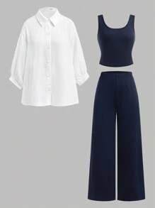 SHEIN Set de cămașă, maiou și pantaloni cu mânecă rulată, lejeră, simplă și confortabilă, pentru fete adolescente