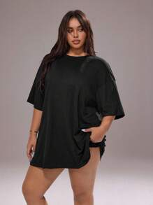 Rustia Plus Size Solid Drop Shoulder Tee CASUAL - Black - View 3