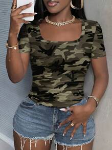 Slaydiva Plus Size Women Green Camouflage Print Square Neck Short Sleeve T-Shirt, Casual & Fashionable Summer Camo Tops Camo Shirt Women Square Neck Tops Fitted Tops Women Camouflage Tops For Women Suitable For Going Out,Back To School - White - View 1