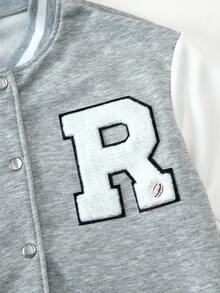 青少年女孩拼色纽扣时尚长袖夹克 - 灰色 - 查看 4