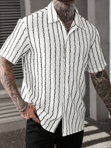 Manfinity RSRT 男士杏色纹理竖条纹正装衬衫 - 白色 - 查看 6