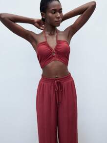 Maija ملابس علوية خزان قصيرة حمراء مفرغة مع تصميم خصر مكشكش وبنطال ساق واسعة، ملابس مريحة وعصرية للعطلات بأسلوب بوهيمي، طقم قطعتين عصري متعدد الاستخدامات للنساء