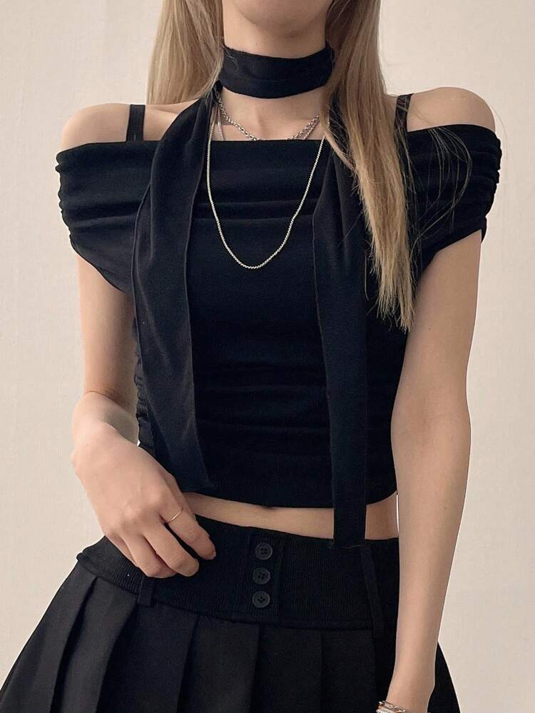 Women's Fashion Casual Ruched Off-Shoulder Tight Cropped T-Shirt