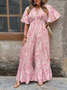 Breezaya Mono corto con cuello en V, volantes y manga corta con estampado floral, para mujer de tallas grandes, estilo elegante y bohemio - Rosa - Ver 4