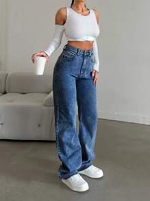 EURMUSE Casual Washed Straight Leg High Waist Jeans - Medium Wash - View 6