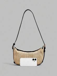 Ontre Bolso de hombro con patrón de esterilla de paja - Negro - Ver 3