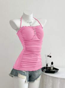 Elamini Blusa de cuello halter con volantes y botones decorativos para mujer - Rosado Sandía - Ver 3