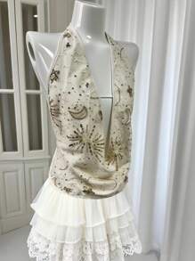 Chiquease Women's Sexy Deep V-Neck Backless Strappy Beaded Embroidered Halter Top - Apricot - View 4