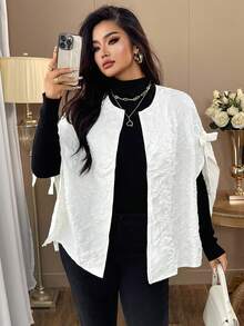 Elenzga Plus Size Women Elegant Bow Decor Poncho Jacket, Loose Fit Solid Color Poncho Sleeve Spring/Autumn Casual Outerwear Winter Fall - Apricot - View 1