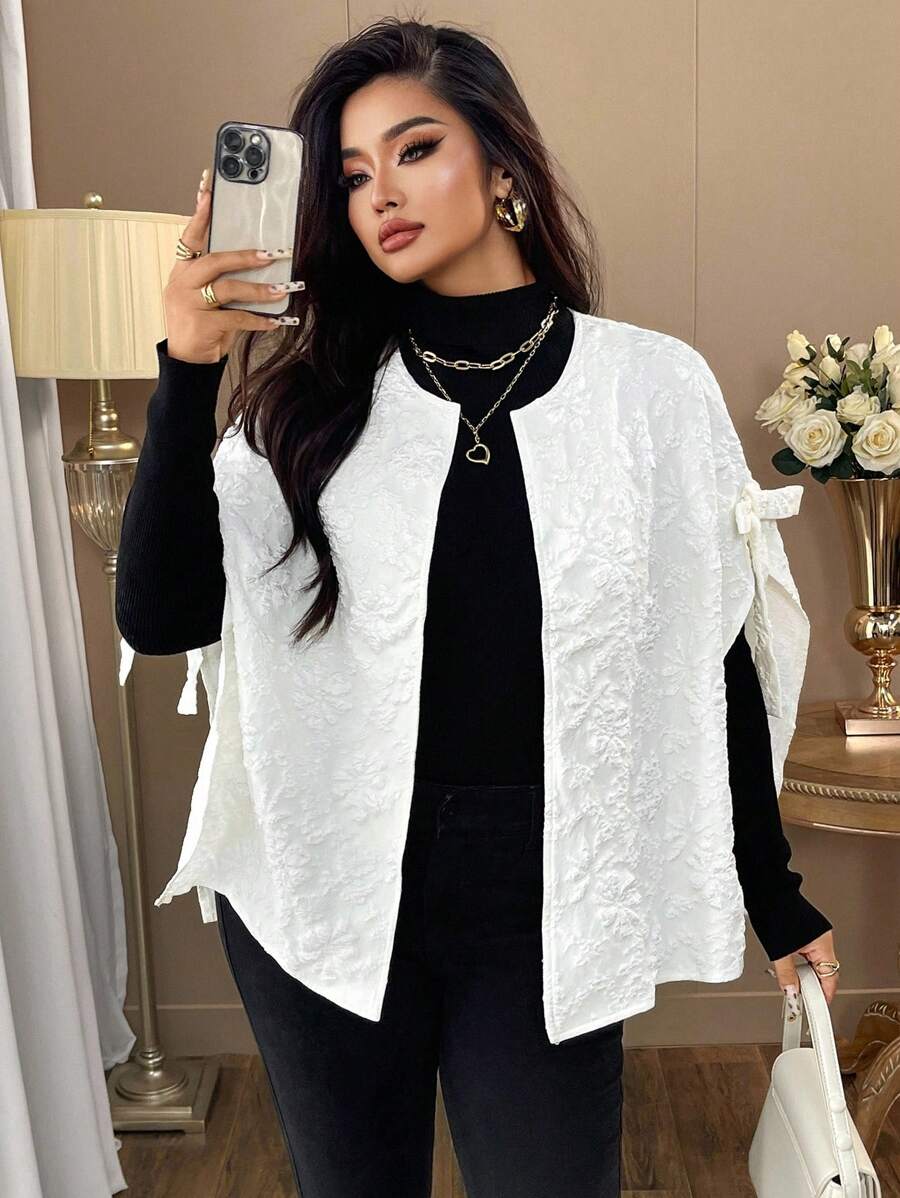 Elenzga Plus Size Women Elegant Bow Decor Poncho Jacket, Loose Fit Solid Color Poncho Sleeve Spring/Autumn Casual Outerwear Winter Fall - Apricot - View 1