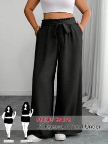 SHEIN PETITE Pantaloni larghi e morbidi da donna, in tinta unita, con tasche e nodo decorativo, taglie comode - nero - Visualizzare 1