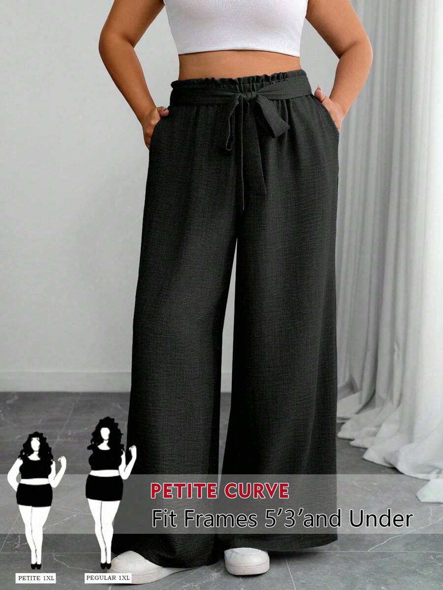 SHEIN PETITE Pantaloni larghi e morbidi da donna, in tinta unita, con tasche e nodo decorativo, taglie comode - nero - Visualizzare 1