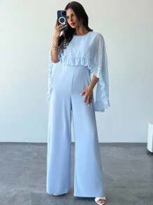 Firerie Mono de mujer con capa romántica y elegante de cuello en V en azul, con volantes en el bajo, ropa casual y de vacaciones, adecuado para el verano y la temporada de graduación - Azul - Ver 1