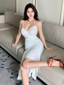 DAZY 女士不对称吊带连衣裙蕾丝拼接中长款吊带连衣裙 - 白色 - 查看 5