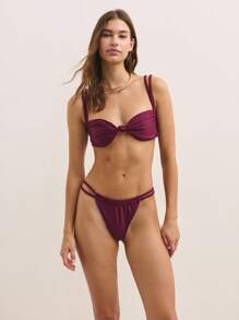 Nöista Purple Bikini Set,Summer Beach Vacation Holiday Casual Dark Plum Twisted Knot Bandeau Top Adjustable Straps Matching Low-Rise Bottoms Quick-Dry Fabric - Purple - View 1