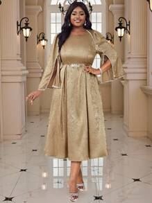 Fleurora 春夏秋冬优雅派对婚礼酒会圣诞节金色金属钻石锁子甲珍珠 3D 玫瑰加大码纯色休闲连衣裙，适合夏季巡航装女士 - 金色 - 查看 5