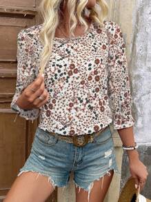 SHEIN LUNE Women Random Print Round Neck Long Sleeve Shirt (Pattern Randomly Cut) - Khaki - View 5