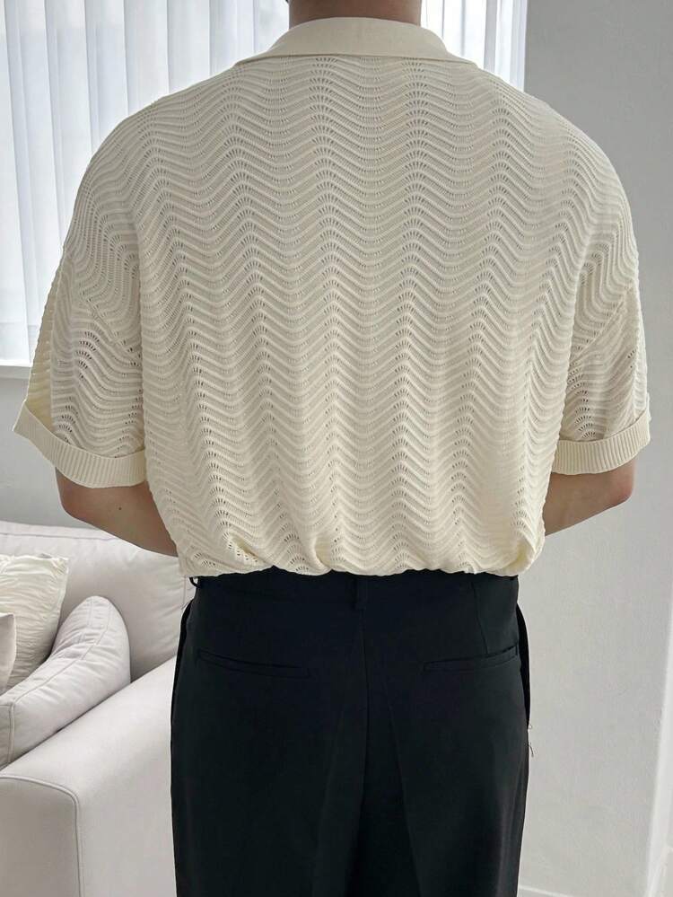 3/4 Crew Neck Knit Top For Men, Apricot Color, Textured Fabric, Spring/Summer