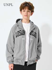 SHEIN 青少年男孩休闲日常字母印花拉链连帽夹克 - 灰色 - 查看 7
