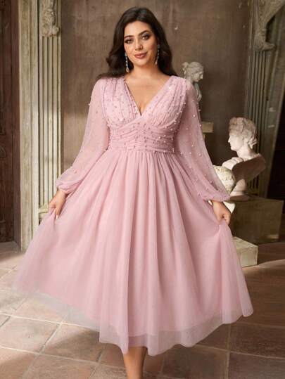Aureia Plus Size Autumn Elegant Romantic Lotus Pink Luxury Computer Beading Design Deep V Neck Lantern Sleeves Gathered Tutu Skirt Suitable For Dinner Bachelorette Party Date Birthday Vacation Graduation Season Back To School Wedding Event Prom Dress Homecoming Dress Birthday Dress Vintage Dress