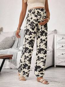 SHEIN Women Maternity Casual High Waist Plant Printed Pants, Autumn - Khaki - View 4