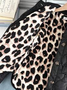 SHEIN 青少年女孩宽松休闲简约舒适豹纹印花圆领弧形下摆夹克 - 黑色 - 查看 7