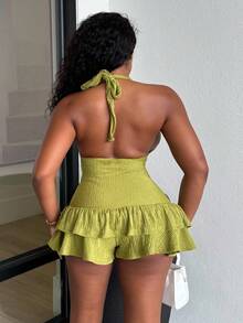 Alexandranx Solid Color Halter Backless Ruffle Hem Sleeveless Bodycon Jumpsuit - Green - View 2