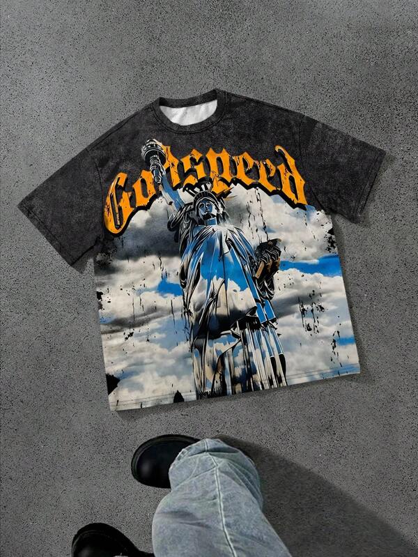 Manfinity Streetrush Letter & Statue Print Round Neck Casual Short Sleeve T-Shirt Graphic Tees Streetwear Graphic Tees Men Vintage