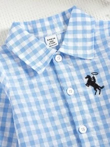 男婴绅士风格蓝白格子领开衫衬衫配长裤套装，休闲装男婴格子套装返校时尚 - 藍白色 - 查看 4