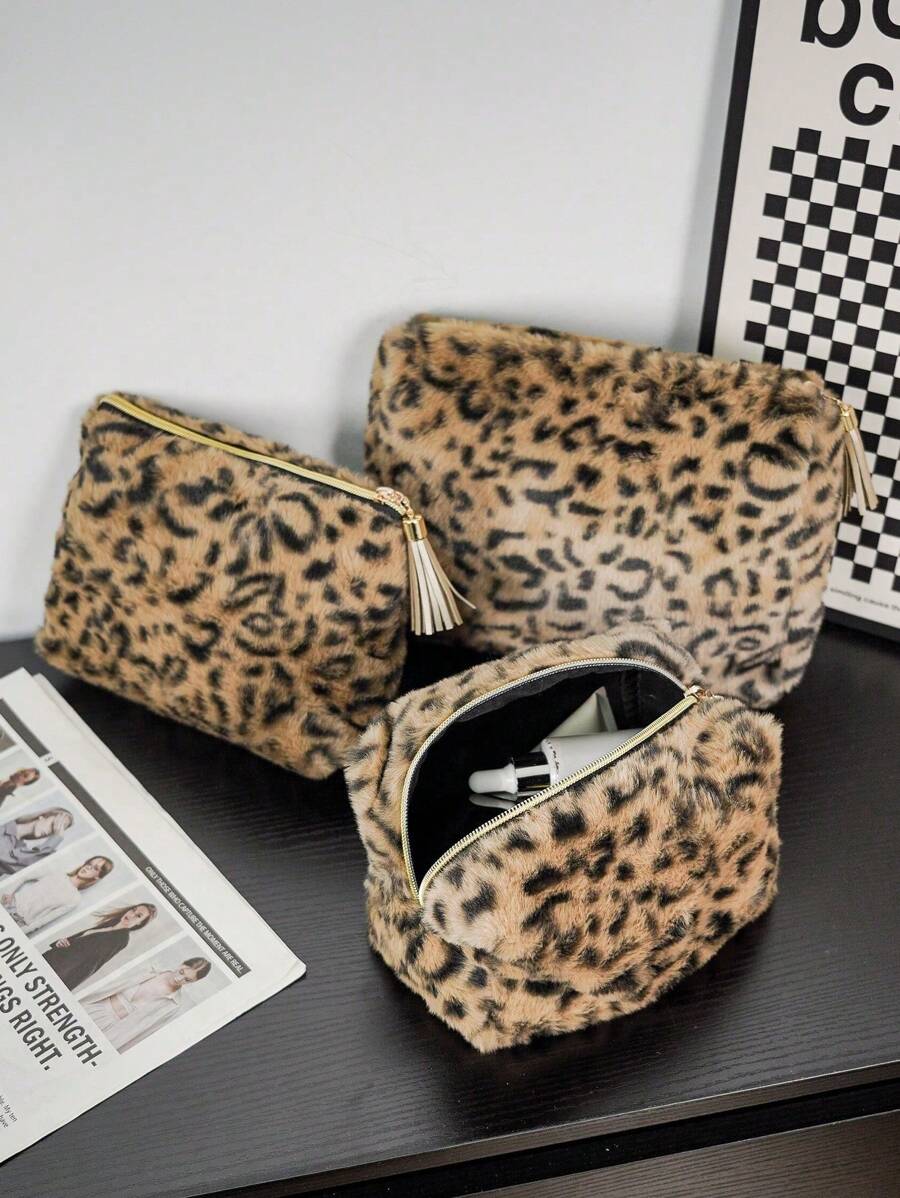 SHEIN 1 szt. Duża pojemność wielofunkcyjna torba podróżna do pielęgnacji, kosmetyczka z nadrukiem w panterkę, przenośna pielęgnacja skóry i przybory toaletowe, pluszowa kosmetyczka z nadrukiem w panterkę, duża pojemność, wysokiej jakości i słodka torba do przechowywania - Kolor khaki - Zobacz 1