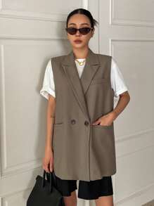 DAZY 女士宽松无袖马甲，商务休闲西装外套款式，适合夏季 - 卡其色 - 查看 4
