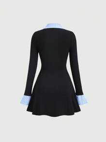 SHEIN Unity Retro American College Style Black Knitted Striped Slim Fit A-Line Short Dress, New Design For Summer - Black - View 4