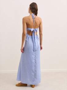 Nöista Striped Halter Maxi Dress With Plunging Neckline And Wide Waistband. Light And Breezy-Perfect For Beach Vacations, Summer Parties, Or A Stunning 4th Of July Look. - Blue - View 3