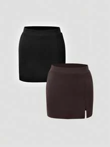 SHEIN BAE 2 chiếc/bộ váy chữ A lưng thun màu trơn thường ngày mùa hè cho nữ - Nhiều màu - Xem 3